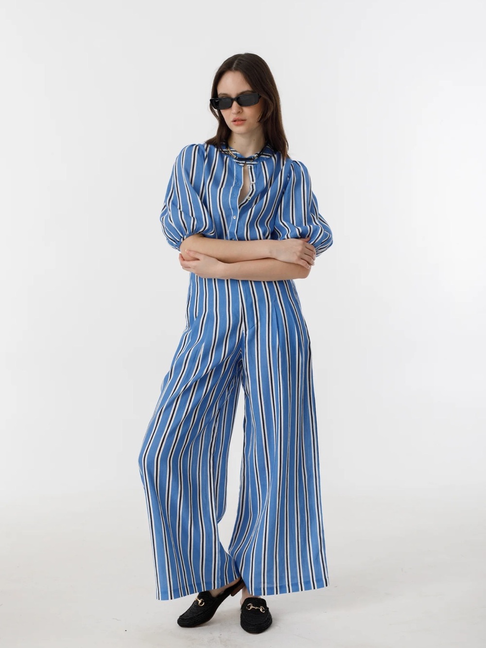 Lanthropy Culotte Pants 100% Linen Wide Leg Blue Ivy Stripes Women’s Large L